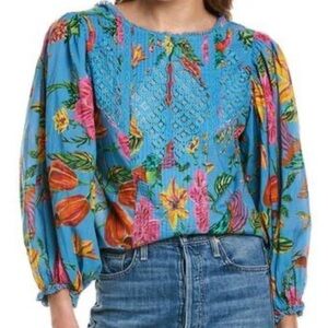 Farm Rio Blue Tropical Tapestry Floral Print Blouse Top